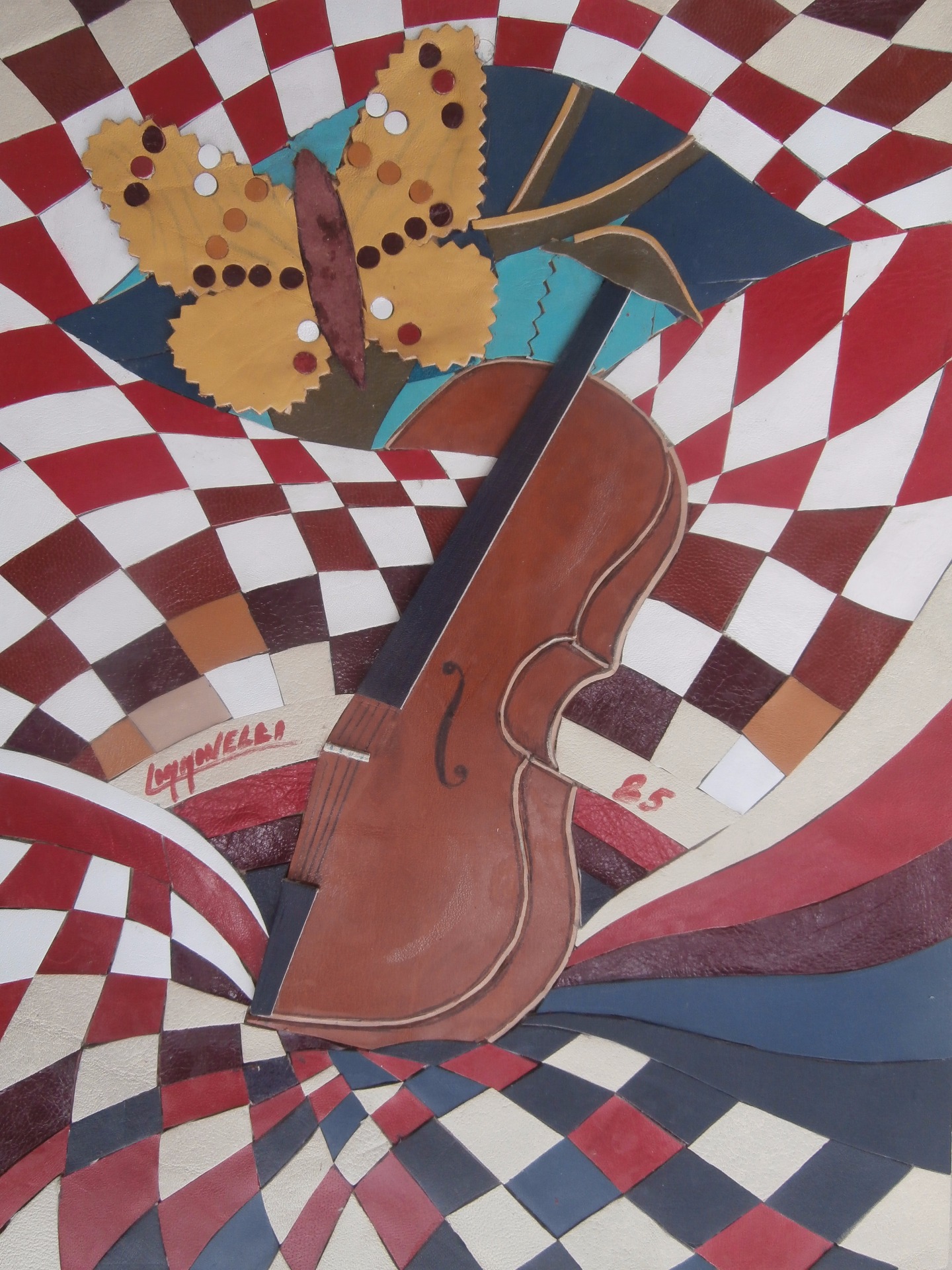 Collage in pelle cm 24 x 30 con violino  1985